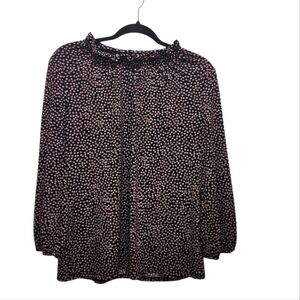 Adrianna Papell Ditsy Heart Print Ruffle Neck Blouse Size M Black Red Fun Career